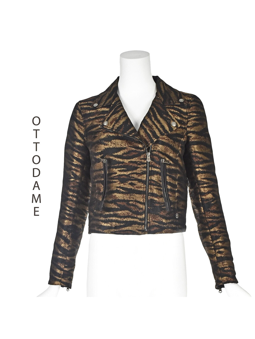 OTTOD'AME Bronze & Black Tiger Print Moto Jacket with Black Leather Trim, SZ 8